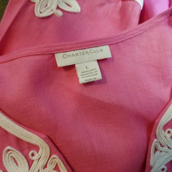 Hot Pink 3/4 Sleeve Linen Tunic Blouse with White Braid Detail Size Large - Picture 6 of 7